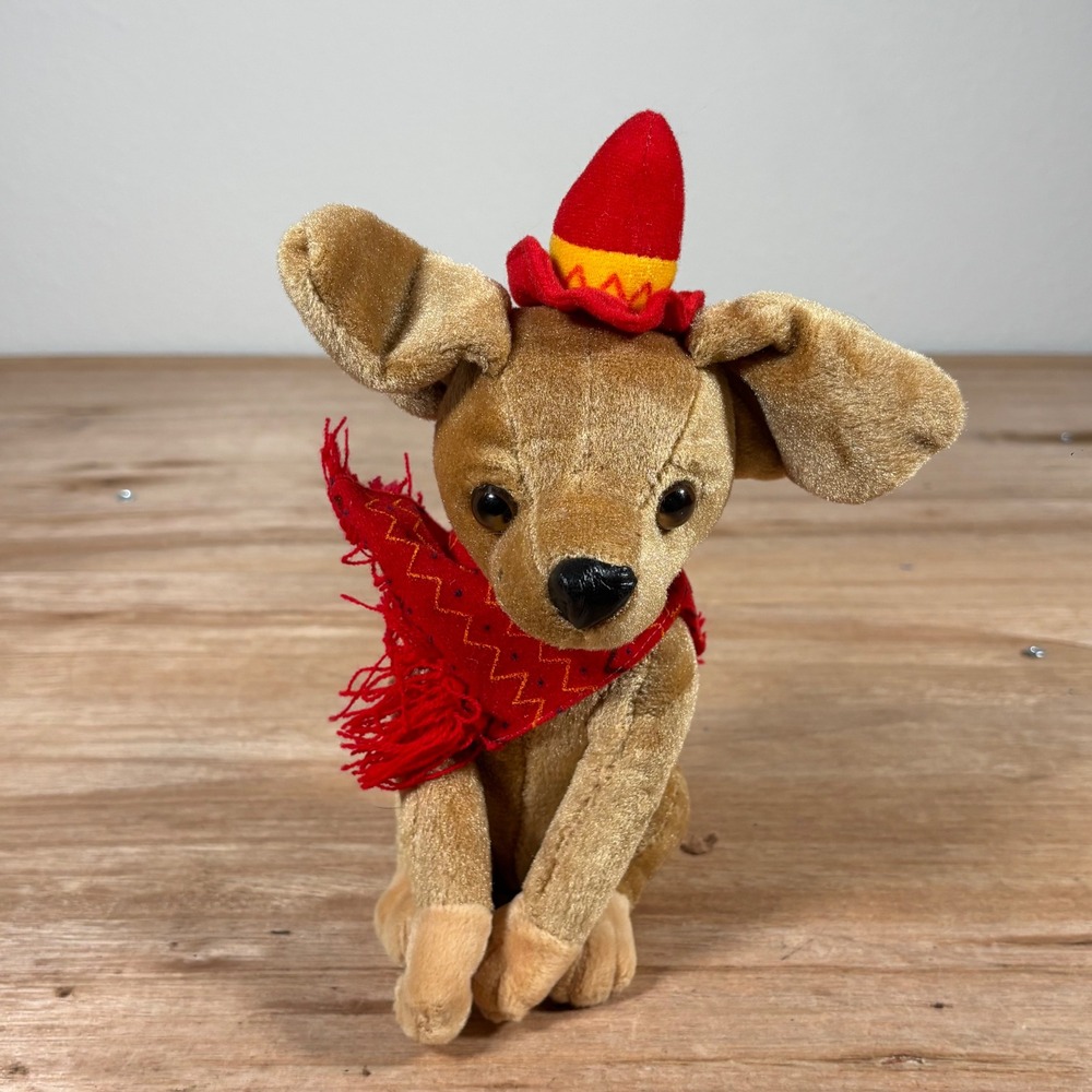 Vintage 1999 Snuggle Toy Chihuahua Plush Dog with Red Hat and Poncho 9 Inch - Picture 2 of 7